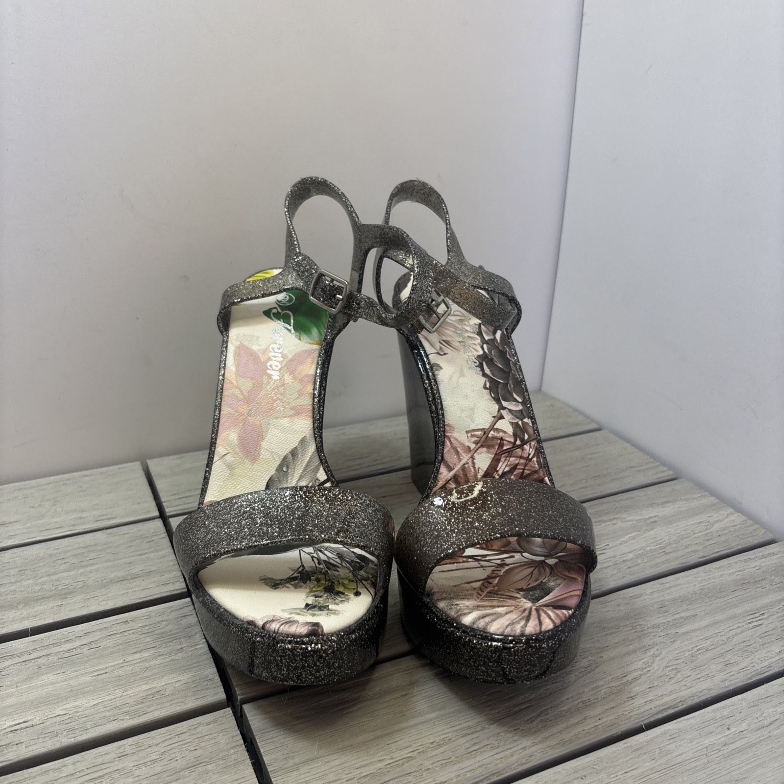 glitter jelly black and silver Ankle Strap wedges size 9