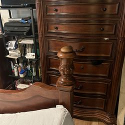 Wood Hand Cavers Queen Bed Frame And  Tall Dresser