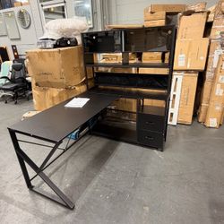 L Shaped Gaming Desk with Fabric Drawers and Power Outlet, Corner Computer Desk with LED-Lit Tempered Glass Display Cabinet, L Shaped Office Desk with