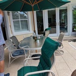 Great size Patio Table, 4 Chairs, Umbrella And Stand