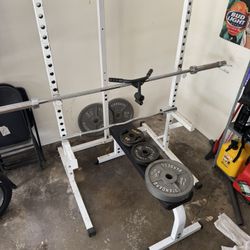 Gym Rack With Weights And 2 Barbells 