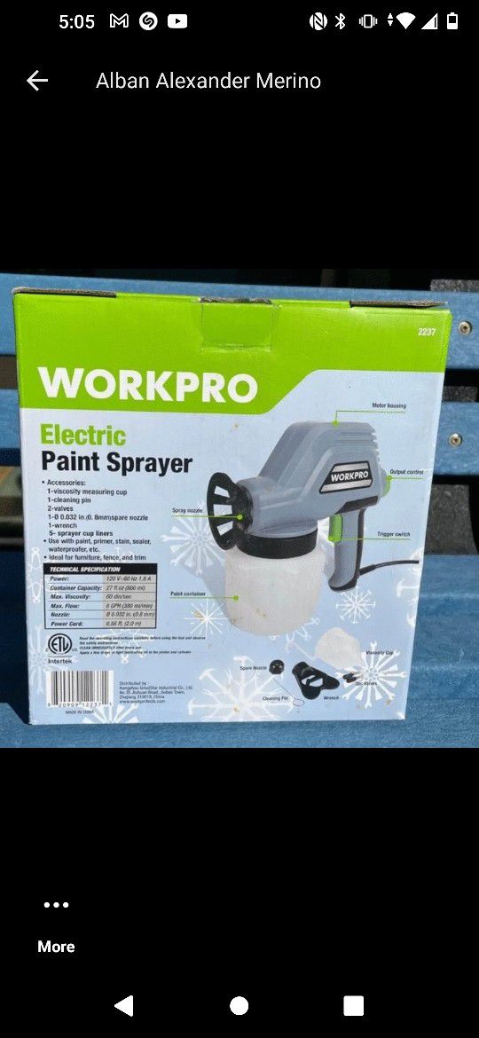 WorkPro 6GPH Electric Paint
Sprayer with
0.8mm Nozzle, 120 Volt
