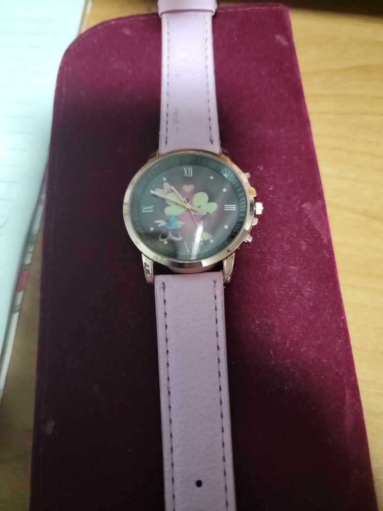 Micky And Minnie Pink Leather Band Stainless Steel Watch New