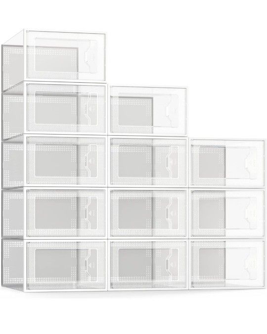 SEE SPRING 12 Pack Shoe Storage Box, Clear Plastic Stackable Shoe Organizer for Closet, Space Saving Foldable Shoe Rack Sneaker Container Bin Holder