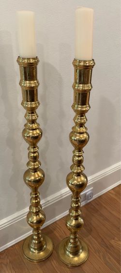 Pair of Vintage Tall Brass Floor Candlesticks – Hand Etched / Ornate