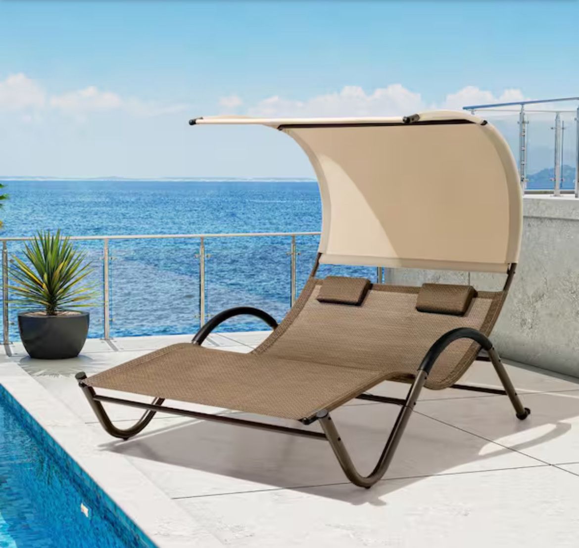1-Piece Patio Double Outdoor Chaise Lounge in Brown with Sun Shade Canopy, Wheels and Headrest