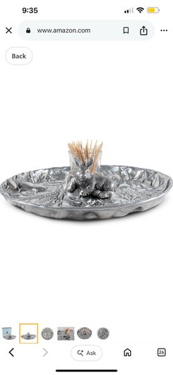 Arthur Court Aluminum Metal Rabbit Bunny Pattern Tidbit Cheese Hors d'oeuvres Tray with Glass for Toothpick - Durable Metal Silver Easter Entertaining