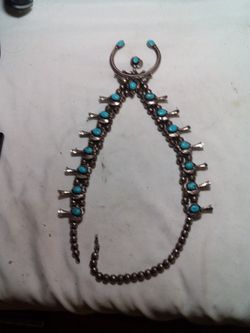 Vintage Navajo Sterling Silver Squash Blossom Turquoise Necklace   