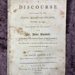 1795 Octavo Pamphlet Discourse Delivered In The Chapel Of Harvard College Occasioned By The Death Of Mr. John Russell By David Tappan