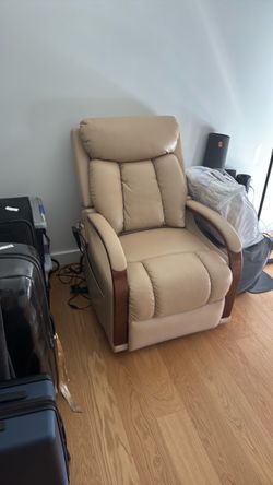 Cream Leather Recliner Chair with Wood Accents