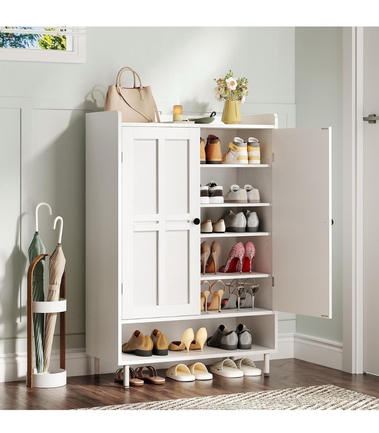 45” Shoe Storage Cabinet w/ Cross Molding Doors, 6-Tier, with 3 Adjustable Shelves and Metal Legs, White