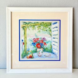 Original Oil Painting On Paper Still Life Flowers On Windowsill Signed Framed