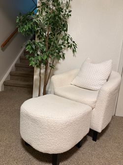 White Boucle Accent Chair with Ottoman