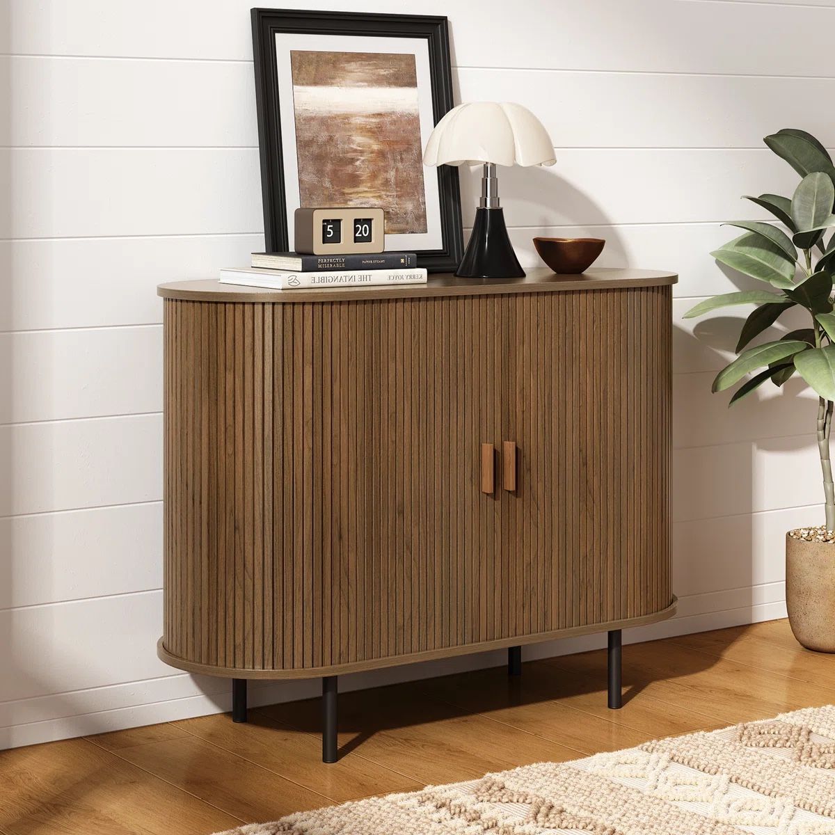 🌰 Mid-Century Style Storage Cabinet w/ Sliding Tambour Doors | Open Box