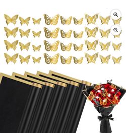 Lefiocky 20 Sheet Flower Wrapping Paper and 72 Pcs 3D Butterfly Wall Decor, Black