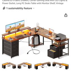 66" L Shaped Computer Desk, Reversible Home Office Desk with File Cabinet & 4 Fabric Drawers, Corner Gaming Desk with LED Lights & Power Outlet, Long 