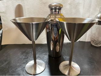 Stainless Steel Cocktail Shaker & 2 Brushed Metal Martini Glasses Set m