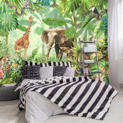 Green Rainforest Plants Animals Tiger Cloth Wallpaper