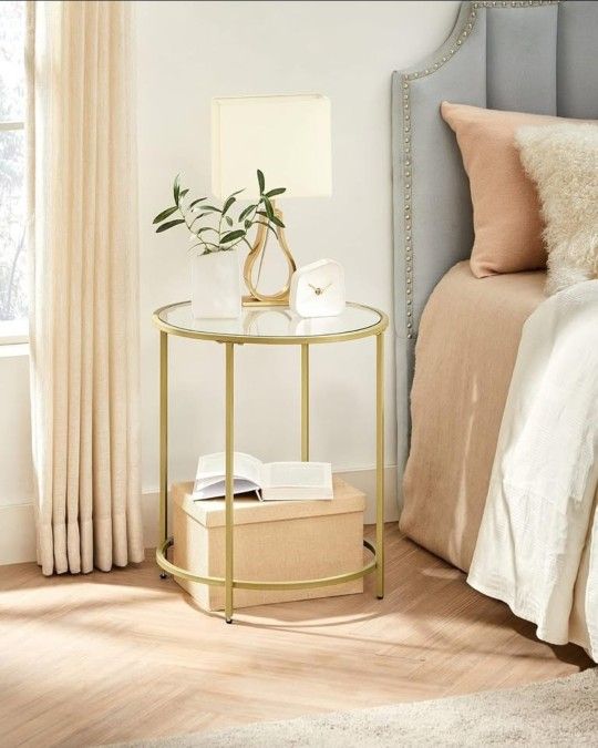 Round Side Table, Glass End Table with Metal Frame✅✨😊😊😊😊😊😊