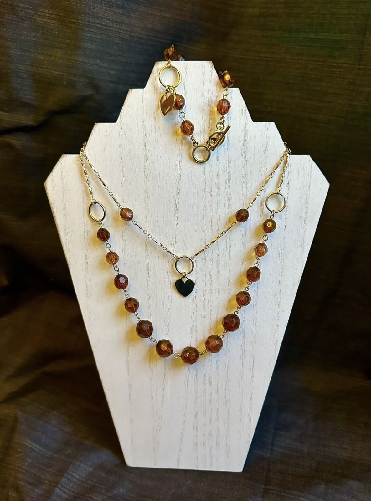 Cookie Lee Gold Heart Link Amber Bead Necklace and Bracelet