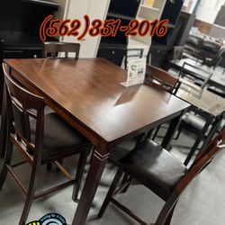 Solid Wood Tall Dining Table Brown With Four Chairs- Comedor Madera 