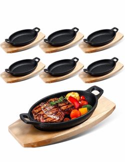 Mifoci 6 Pcs Mini Cast Iron Skillet with Wooden Base Small Cast Iron Fajita Plates Baker's Skillet Matte Black Pan Pot for Kitchen Restaurant Barbecue