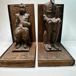 Vintage Wooden Hand Carved Bookends Don Quijote and Sancho Panza