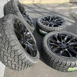 NEW BLACK 22” WHEELS RIMS A/T TIRES CHEVY GMC SIERRA YUKON CHEVROLET SILVERADO TAHOE SUBURBAN AVALANCHE CADILLAC ESCALADE 285/45R22 22 INCH DENALI 