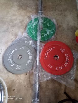 Olympic barbell $99, curl bar $60, bumper plates $1.45 per lbs