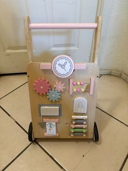 Pink and pastel color Wooden Baby Activity Walker with Busy Board  (check out my page ,se habla español )
