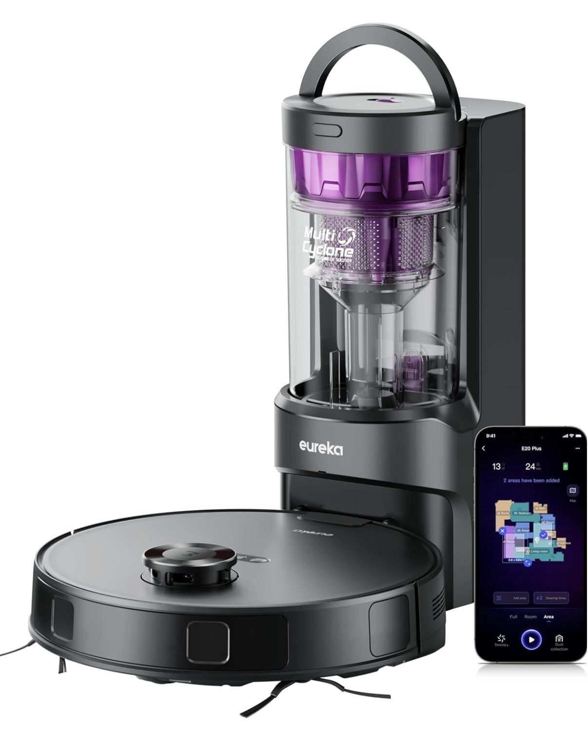 Eureka E20 Plus Robot Vacuum and Mop Combo with Bagless Self Emptying BLACK