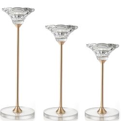 Candlestick Holders, Crystal 2 in 1 Taper and Pillar Candle Holders, Set of 3 Clear Glass Candle Holder, Decorative Candle Holder Candelabra for Home 