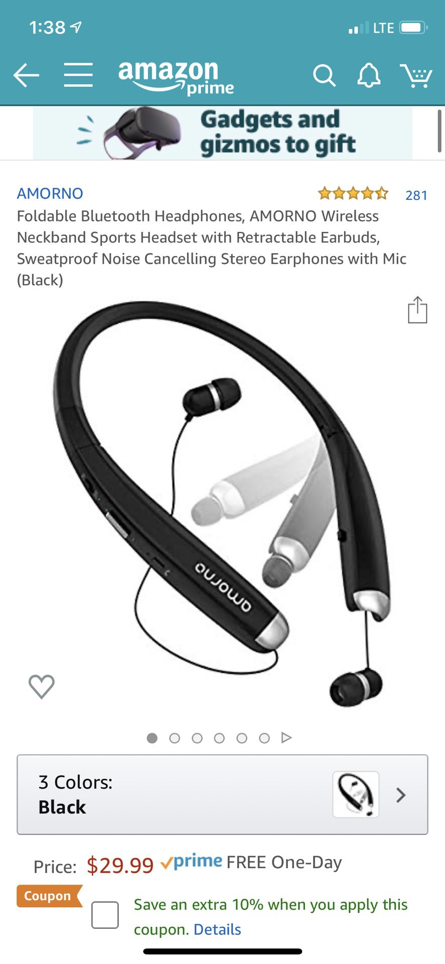 Foldable Bluetooth Headphones, AMORNO Wireless Neckband Sports Headset with Retractable Earbuds, Sweatproof Noise Cancelling Stereo Earphones with Mi