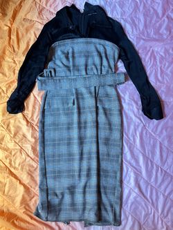 Plaid long sleeve black and orange/blue dress
