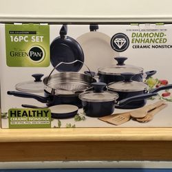 GreenPan Rio 16 Piece Cookware Set, PFOA and PFAS-Free, Healthy Ceramic Nonstick, Dishwasher Safe Easy Clean Durable Performance, Blue