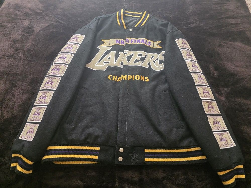 RARE JEFF HAMILTON L.A LAKERS REVERSIBLE VARSITY JACKET NBA TITLES AND LAKERS LOGO LIGHT UP UNDER BLACK LIGHT COLLECTIBLE