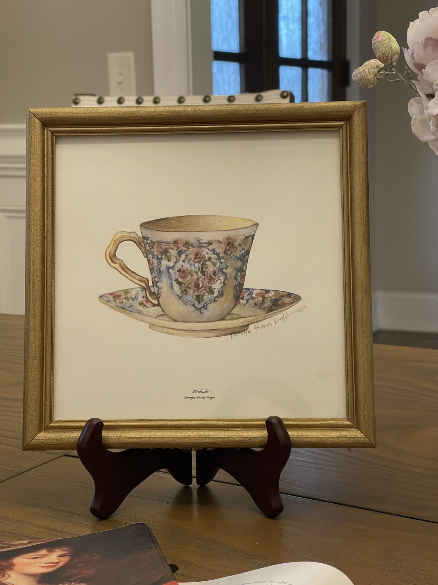 Carolyn Shores Wright 1993 Matted And Framed Tea Cups Water Color Gold Framed