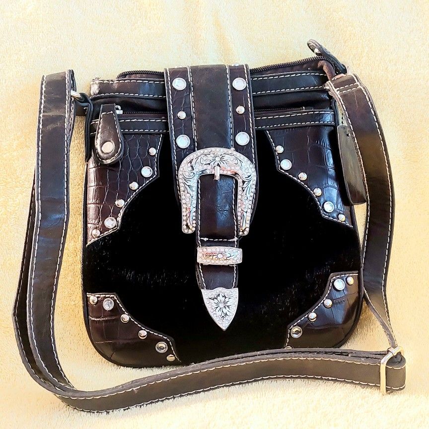 Western Purse with Buckle and Bling! NEW, NEVER USED. A Great Gift! Chocolate Brown with Black.