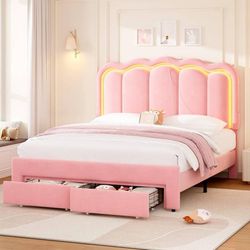 Queen Size Upholstered LED Bed Frame with 2 Storage Drawers and Adjustable Chic