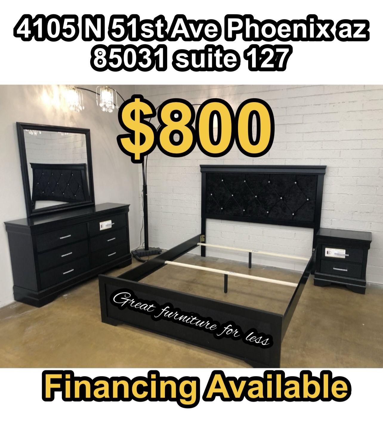 4 PCs Queen Size Bedroom Set Black Wood Include Bed Frame Dresser Mirror And 1 Nightstand Brand New