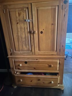 Pine Wood Armoire with Drawers