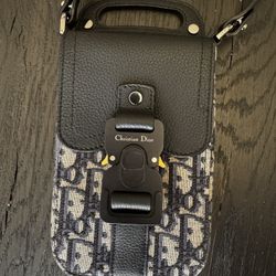 Authentic Dior Oblique Grained Calfskin Vertical Saddle Pouch Bag With Strap Beige Black