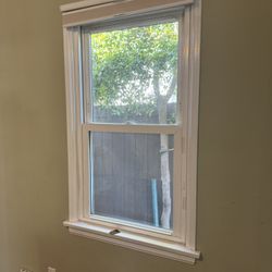 Double Hung Vinyl Windows – 27” W x 50” – Matching Pair – Brand New Custom Shades – $225 Each