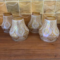 Art Glass Iridescent Etched Glass Lamp Shade Fitter c.Early 1900s Set of 4
