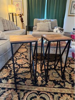 Set of 2 Boho Side Tables Wood Top Black Metal X Frame