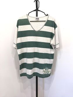 Vintage Laguna 100% Natural Striped V-Neck T-Shirt Men's Green Stripe