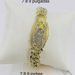 "14K Gold Plated Virgin of Guadalupe Medallion Bracelet with White Zirconia