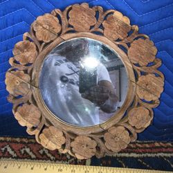 Small Round Carved Wood Mirror