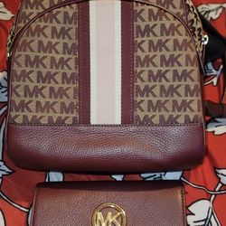 Michael Kors Burgundy Backpack Purse And Wallet Set
