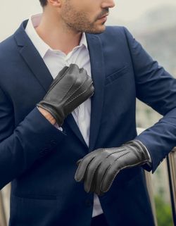 YISEVEN Men's Deerskin Leather Dress Gloves Hand Sewn.Size 8.5” S. Black